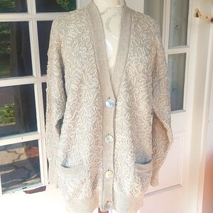 Donna Karan Vintage Long Neutral Deep-V Woven Rayon Cardigan with Pearls…